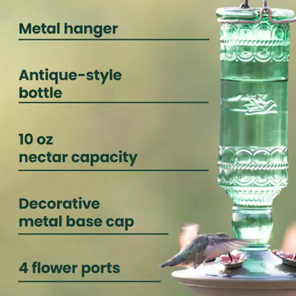 Antique Glass Bottle Hummingbird Feeder 10 Oz Capacity Green Outdoor Hanging